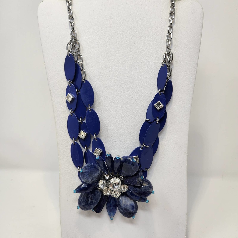 Ann Taylor Loft Blue Stone Metal Silver Tone Chain Statement Necklace Flower - Picture 1 of 6